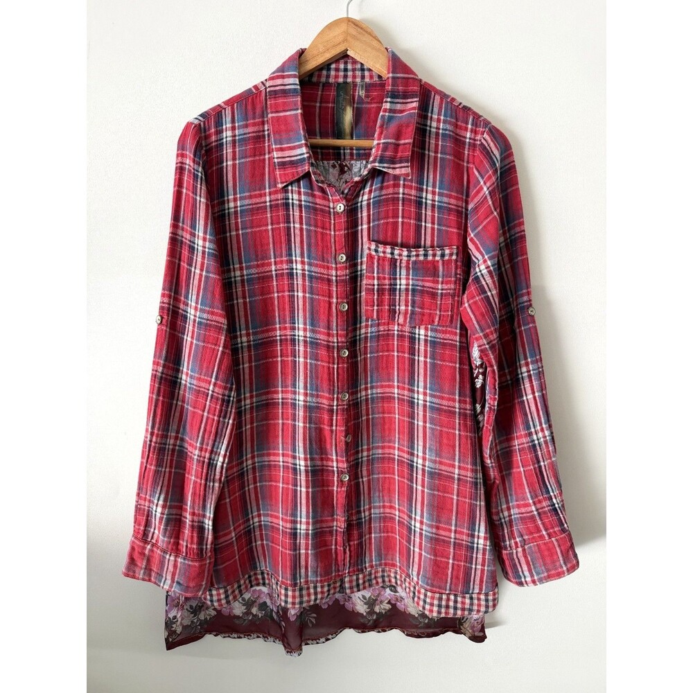 Arratta Silent Journey Top Womens Large Red Plaid Floral Mixed Print Boho Tunic